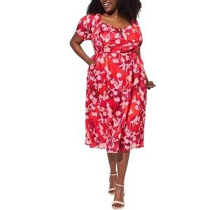 Torrid Cotton Mix Red Pink Floral Pockets Lace Up Smocked Midi Dress 2/2X /18-20